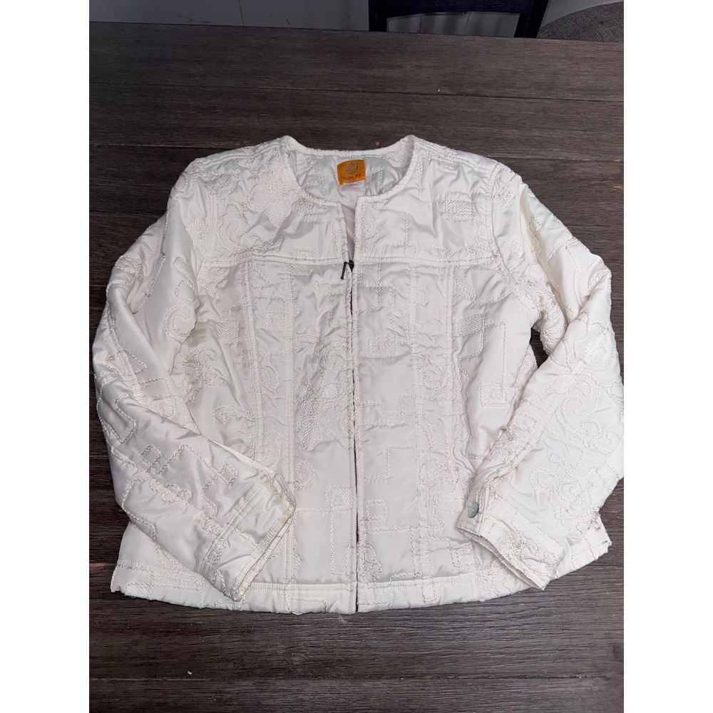 Ruby Rd Cream Quilted Embroidered Zip Up Jacket Womens Size 14 Off White Coat